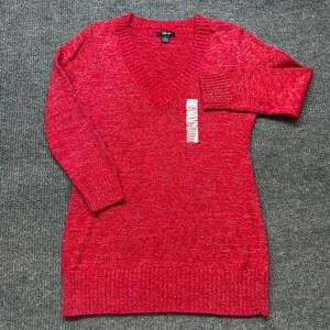 Womens XL Red Metallic V Neck Long Sleeve Knit Pullover Sweater NWT